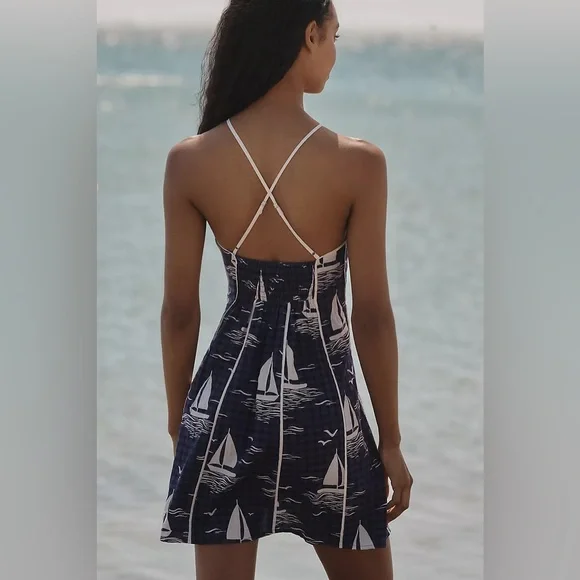 NWT Anthropologie Celadine Scallop Piped Mini Dress in Blue Motif, size XL - Picture 3 of 13